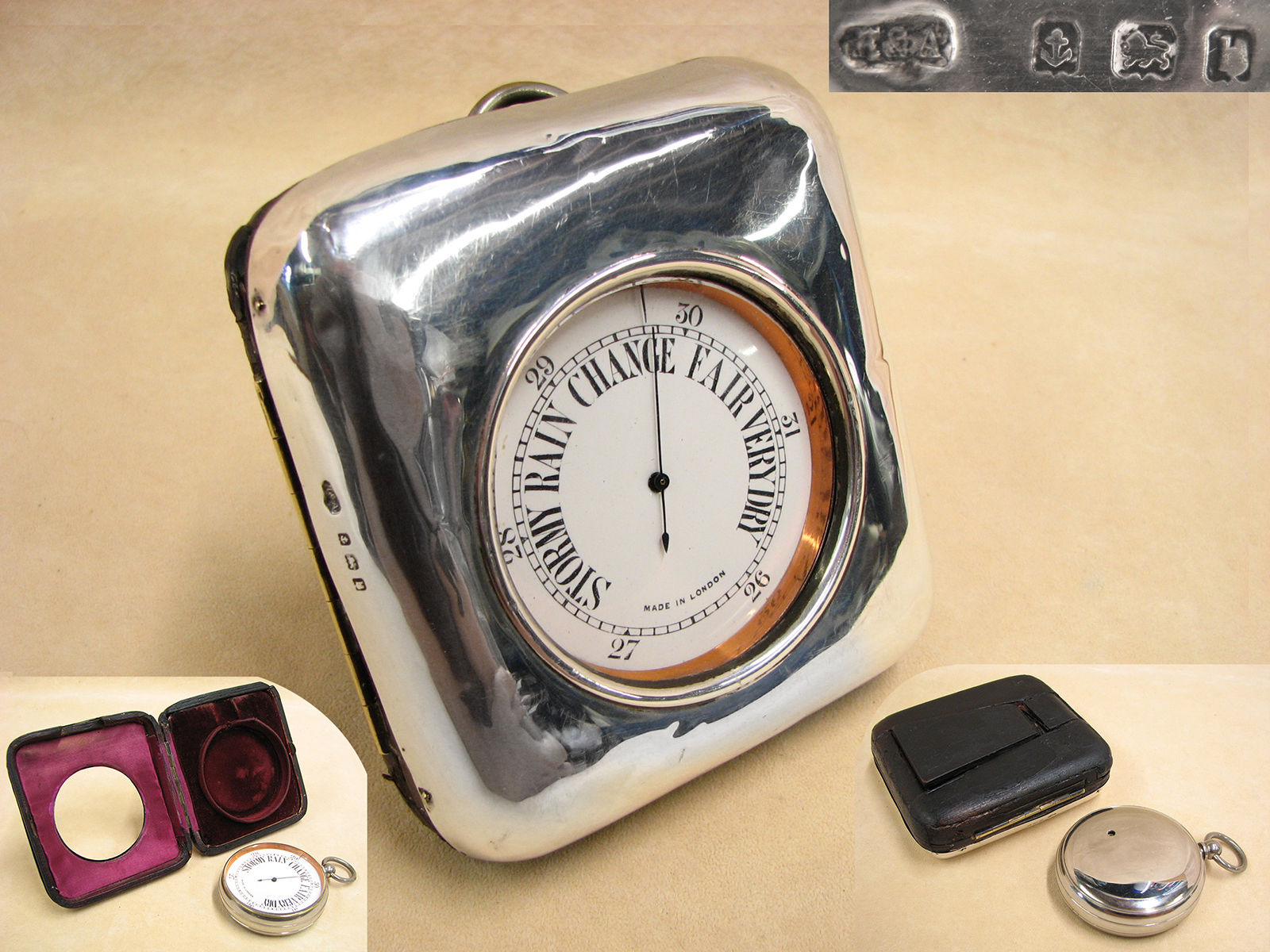 Early 1900's Goliath pocket barometer in Birmingham hallmarked silver display case'